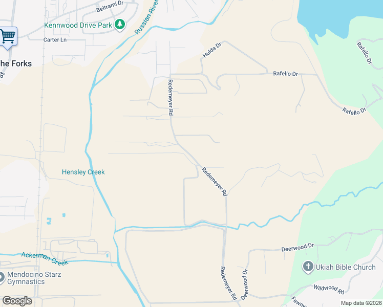map of restaurants, bars, coffee shops, grocery stores, and more near 1501-1599 Hulda Drive in Ukiah