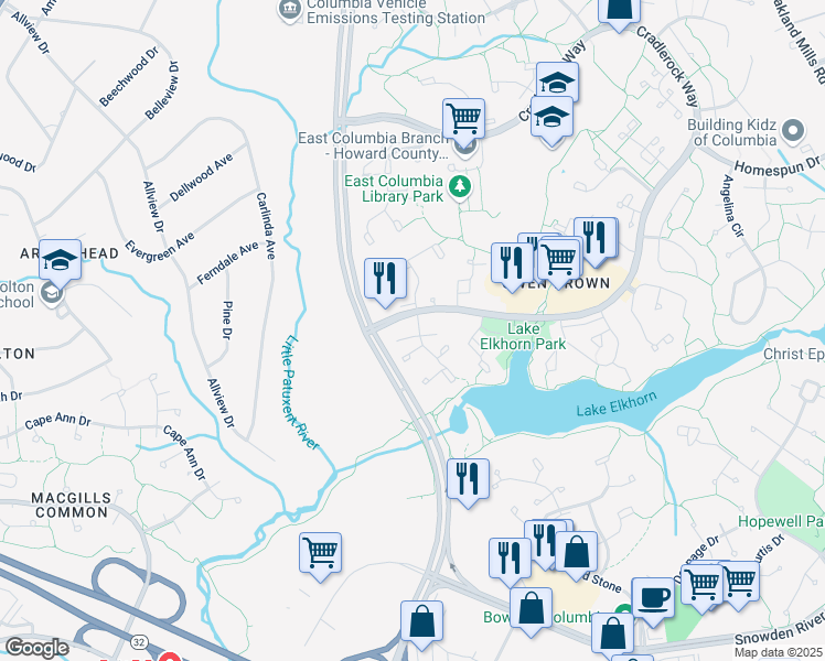 map of restaurants, bars, coffee shops, grocery stores, and more near 7356 Broken Staff in Columbia