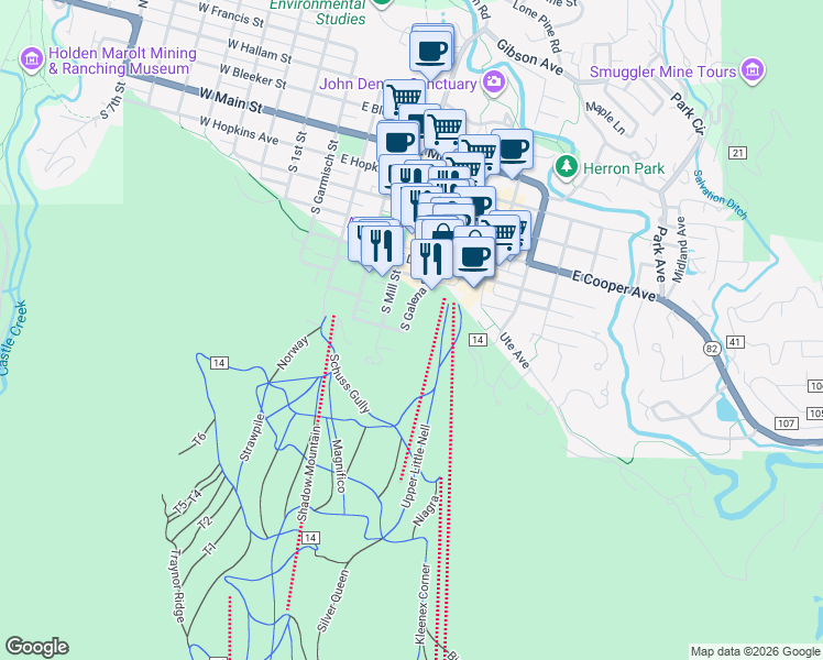 map of restaurants, bars, coffee shops, grocery stores, and more near 626 South Galena Street in Aspen
