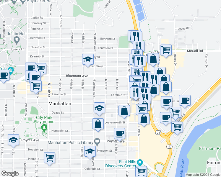 map of restaurants, bars, coffee shops, grocery stores, and more near 512 Moro Street in Manhattan