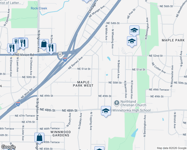 map of restaurants, bars, coffee shops, grocery stores, and more near 5041 North Topping Avenue in Kansas City