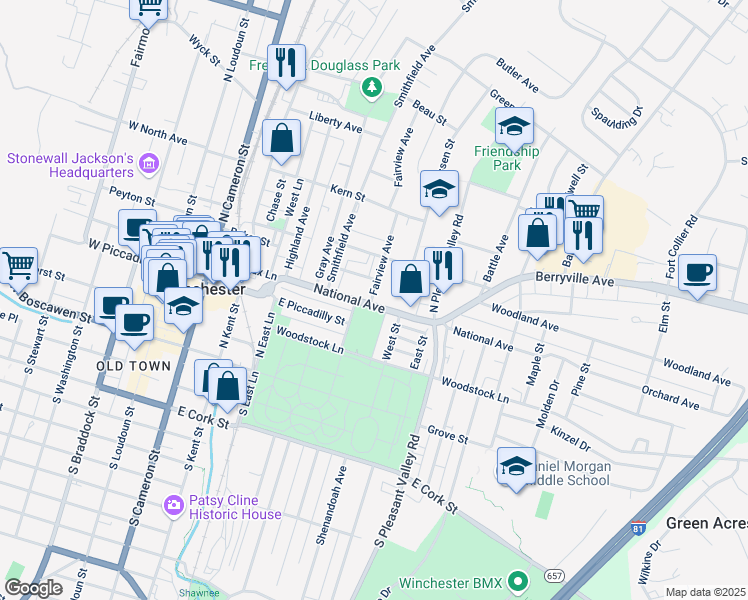 map of restaurants, bars, coffee shops, grocery stores, and more near 402 National Avenue in Winchester