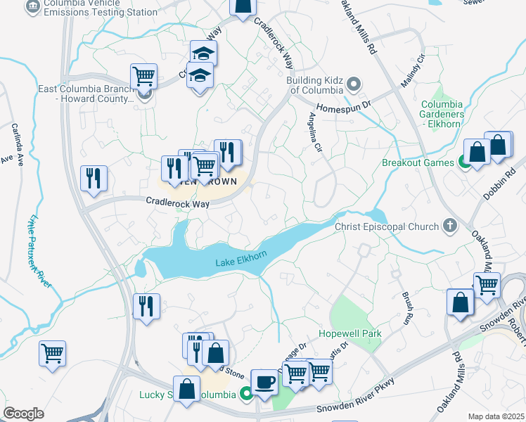 map of restaurants, bars, coffee shops, grocery stores, and more near 7133 Winter Rose Path in Columbia