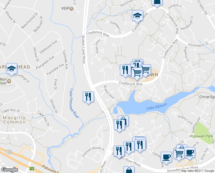 map of restaurants, bars, coffee shops, grocery stores, and more near 7353 Broken Staff in Columbia