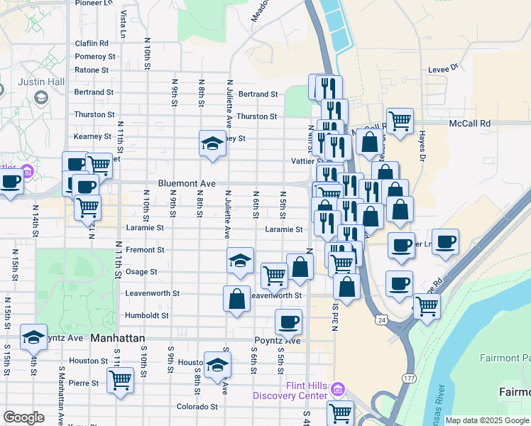 map of restaurants, bars, coffee shops, grocery stores, and more near 523 Moro Street in Manhattan