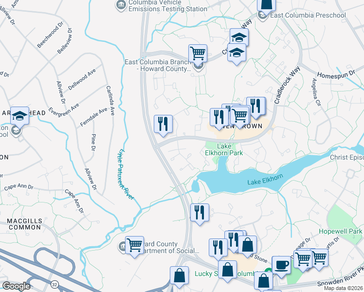 map of restaurants, bars, coffee shops, grocery stores, and more near 7353 Broken Staff in Columbia