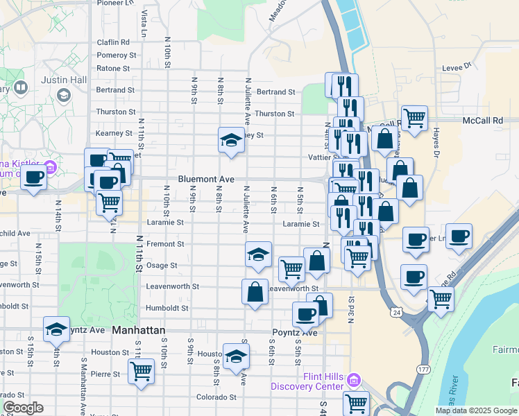 map of restaurants, bars, coffee shops, grocery stores, and more near 619 Moro Street in Manhattan