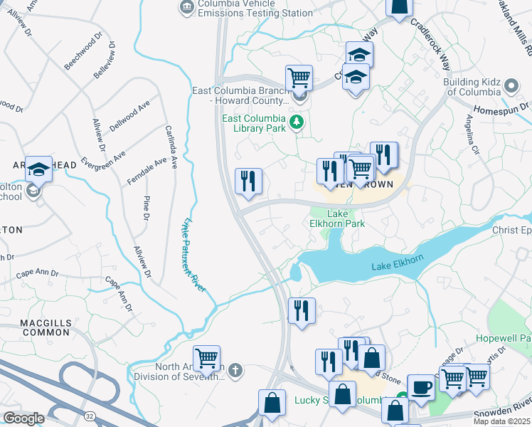 map of restaurants, bars, coffee shops, grocery stores, and more near 7354 Broken Staff in Columbia