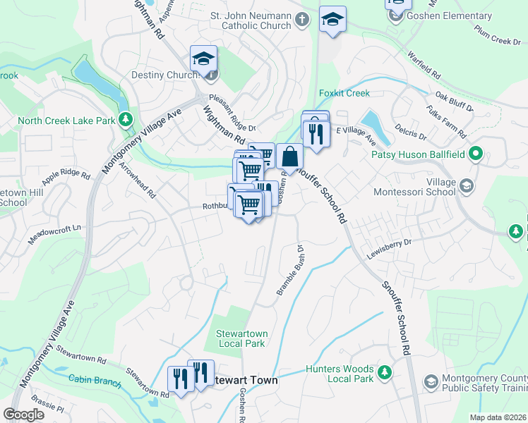map of restaurants, bars, coffee shops, grocery stores, and more near 9112 Rothbury Drive in Montgomery Village