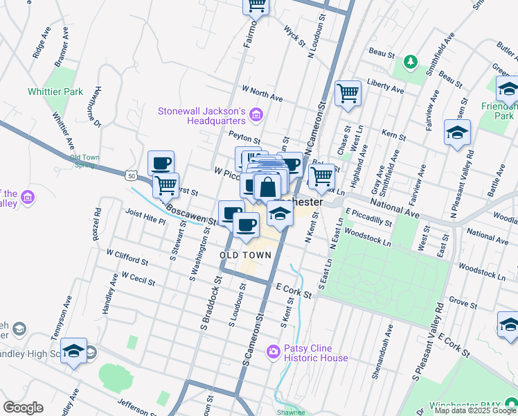 map of restaurants, bars, coffee shops, grocery stores, and more near 119 North Loudoun Street in Winchester