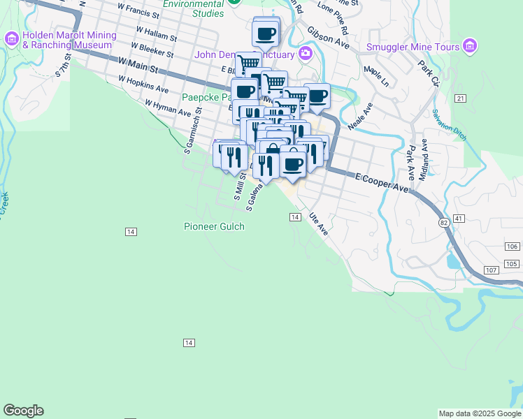 map of restaurants, bars, coffee shops, grocery stores, and more near 626 South Galena Street in Aspen