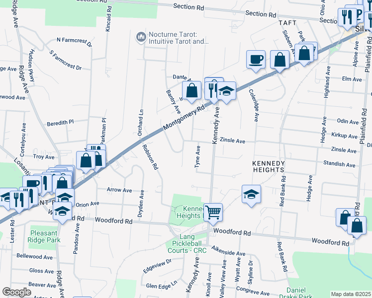 map of restaurants, bars, coffee shops, grocery stores, and more near 6224 Rogers Park Place in Cincinnati