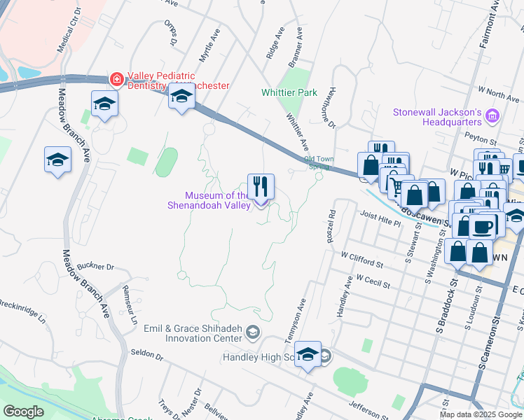 map of restaurants, bars, coffee shops, grocery stores, and more near 901 Amherst Street in Winchester