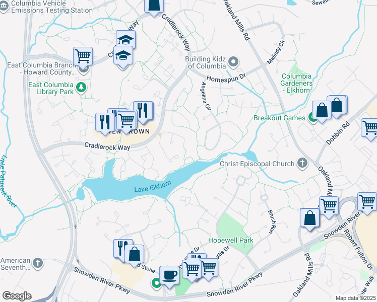map of restaurants, bars, coffee shops, grocery stores, and more near 7234 Lasting Light Way in Columbia