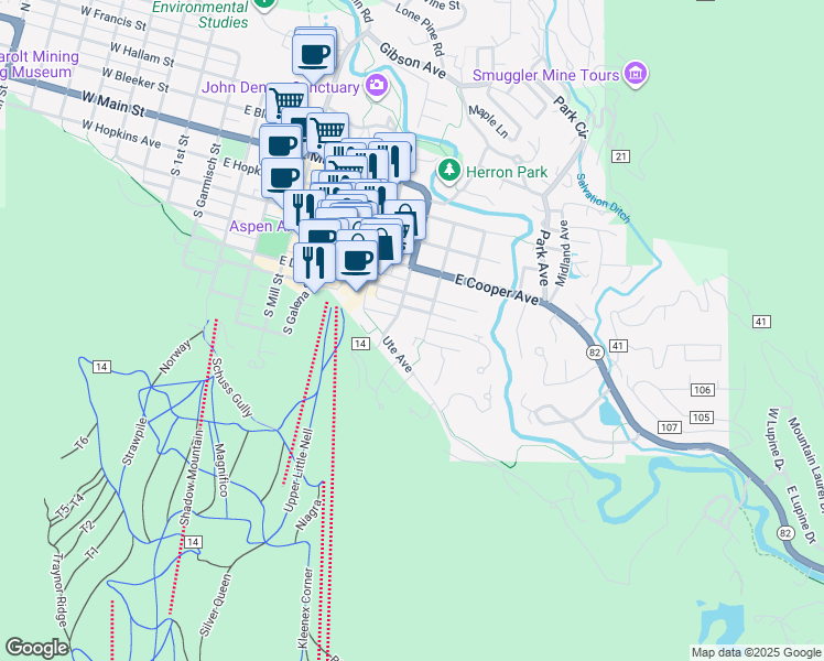 map of restaurants, bars, coffee shops, grocery stores, and more near 825 East Dean Street in Aspen