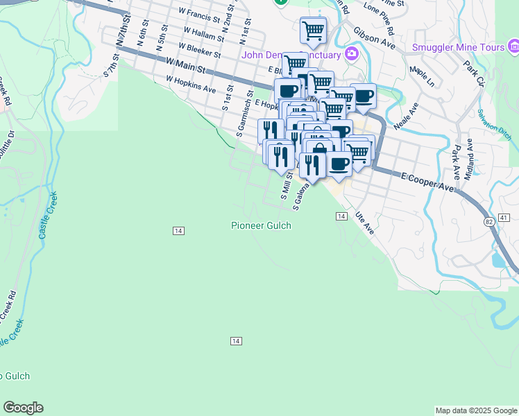 map of restaurants, bars, coffee shops, grocery stores, and more near 701 South Monarch Street in Aspen