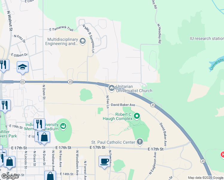 map of restaurants, bars, coffee shops, grocery stores, and more near 1461-1713 East State Road 46 Bypass in Bloomington