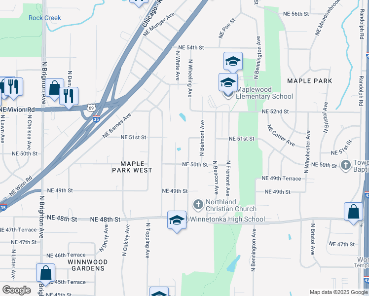 map of restaurants, bars, coffee shops, grocery stores, and more near 5036 North Wheeling Avenue in Kansas City