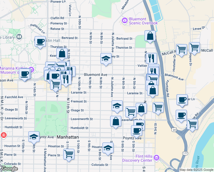 map of restaurants, bars, coffee shops, grocery stores, and more near 711 North Juliette Avenue in Manhattan