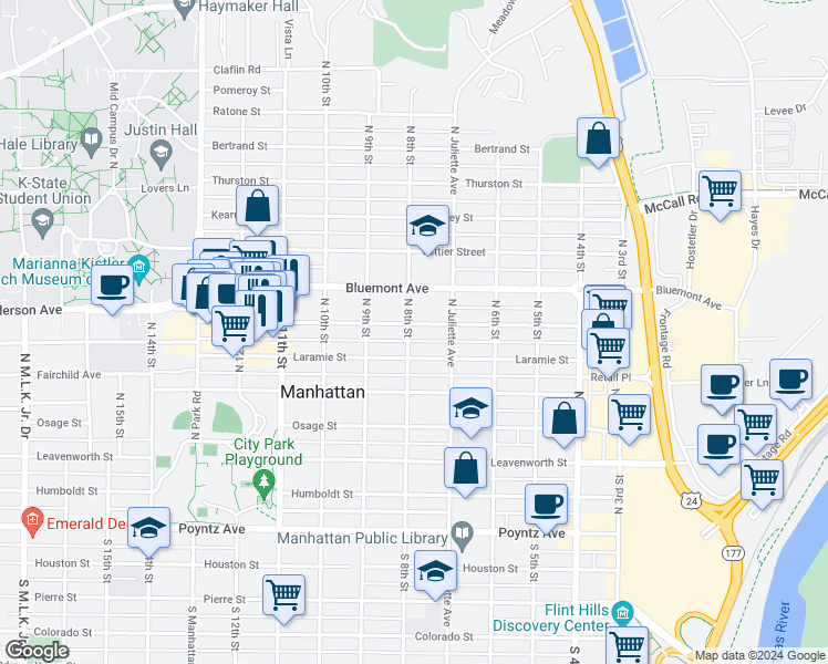 map of restaurants, bars, coffee shops, grocery stores, and more near 800 Moro Street in Manhattan