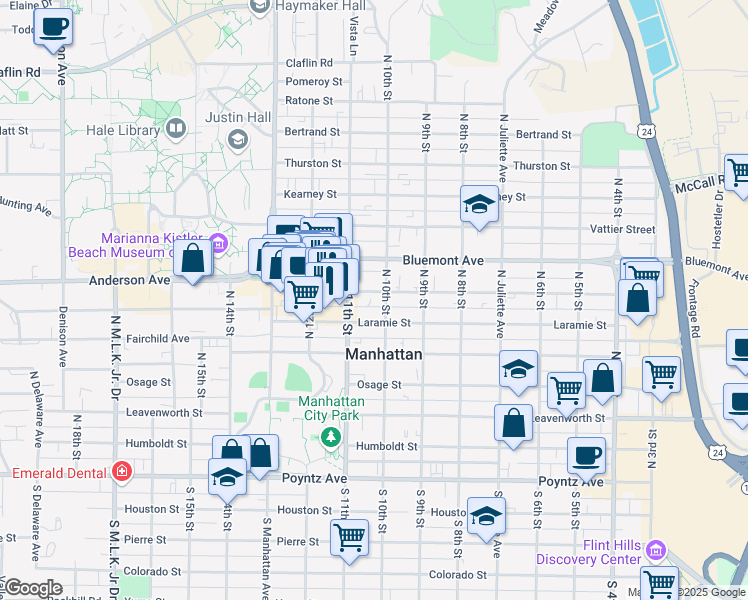 map of restaurants, bars, coffee shops, grocery stores, and more near 923 Bluemont Avenue in Manhattan