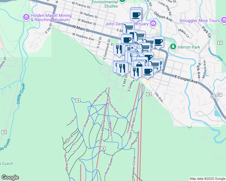 map of restaurants, bars, coffee shops, grocery stores, and more near 701 South Monarch Street in Aspen