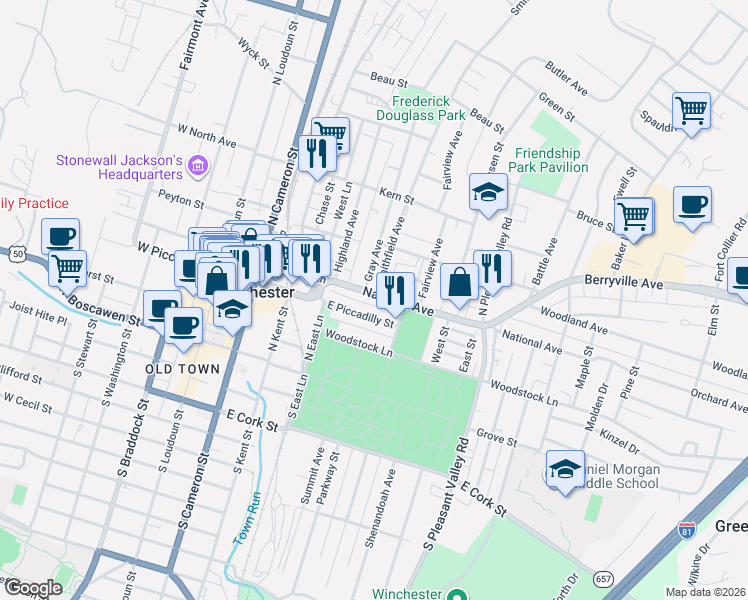 map of restaurants, bars, coffee shops, grocery stores, and more near 308 Smithfield Avenue in Winchester
