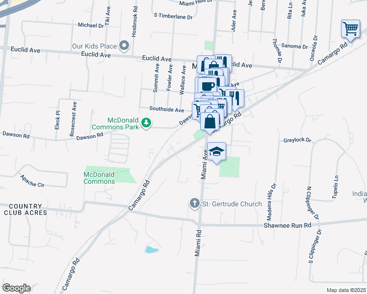 map of restaurants, bars, coffee shops, grocery stores, and more near 7650 Camargo Road in Madeira