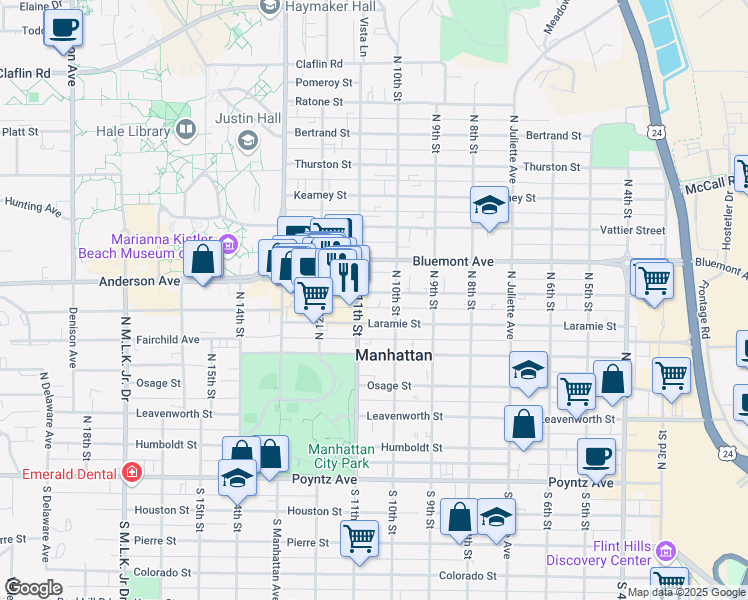 map of restaurants, bars, coffee shops, grocery stores, and more near 1019 Moro Street in Manhattan