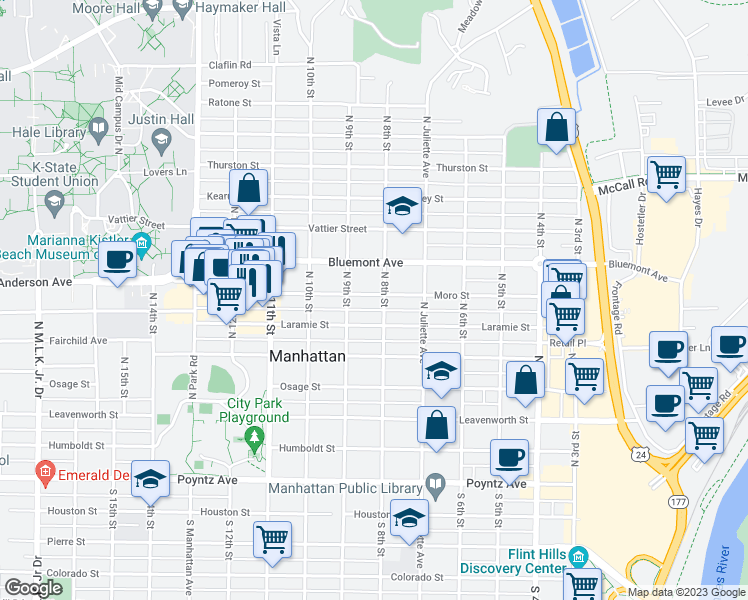 map of restaurants, bars, coffee shops, grocery stores, and more near 809 Moro Street in Manhattan