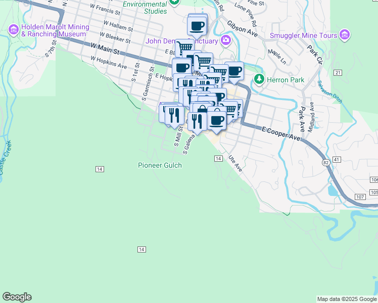 map of restaurants, bars, coffee shops, grocery stores, and more near 626 South Galena Street in Aspen