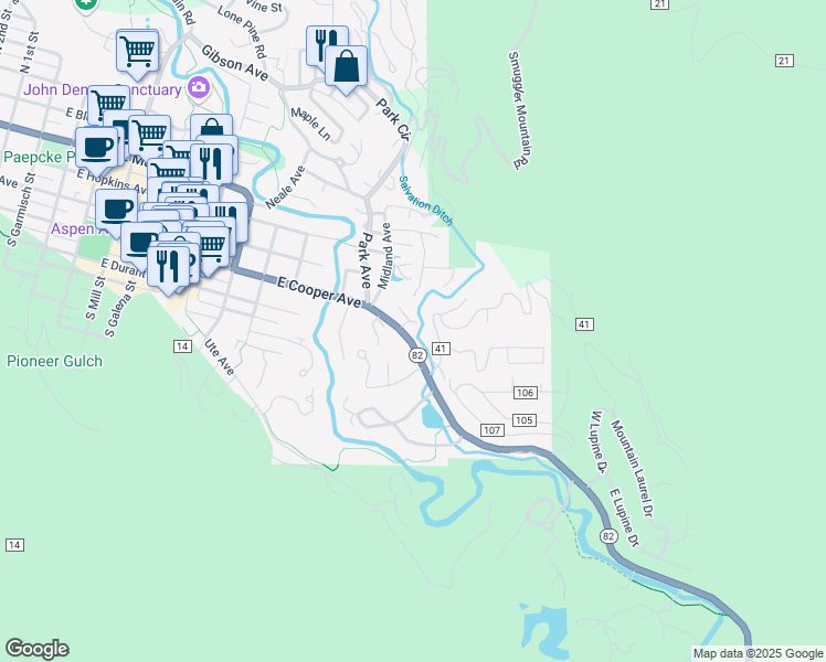 map of restaurants, bars, coffee shops, grocery stores, and more near 112 Robinson Road in Aspen