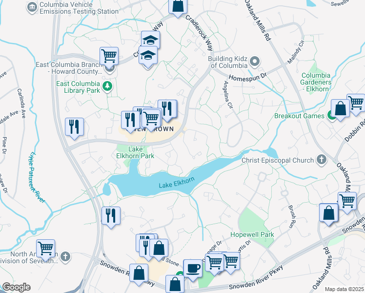 map of restaurants, bars, coffee shops, grocery stores, and more near 7078 Winter Rose Path in Columbia