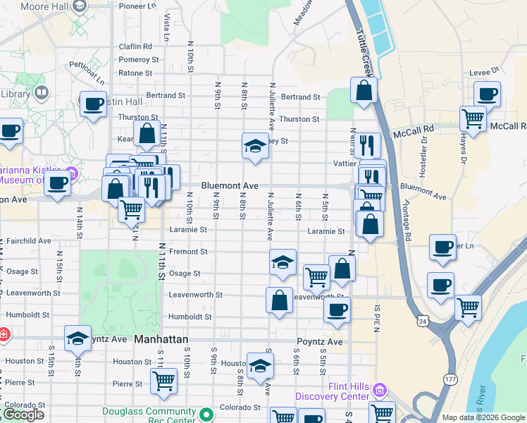map of restaurants, bars, coffee shops, grocery stores, and more near 711 North Juliette Avenue in Manhattan