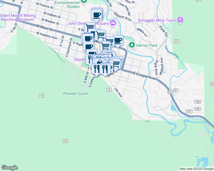 map of restaurants, bars, coffee shops, grocery stores, and more near 611 East Durant Avenue in Aspen