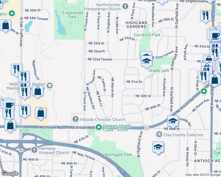 map of restaurants, bars, coffee shops, grocery stores, and more near 5035 Northeast Marvin Road in Kansas City