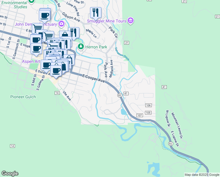 map of restaurants, bars, coffee shops, grocery stores, and more near 112 Robinson Road in Aspen