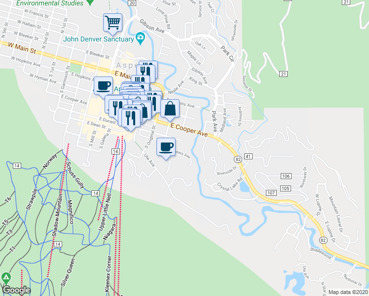 map of restaurants, bars, coffee shops, grocery stores, and more near 929 East Durant Avenue in Aspen