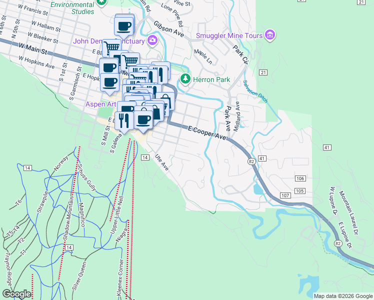 map of restaurants, bars, coffee shops, grocery stores, and more near 929 East Durant Avenue in Aspen