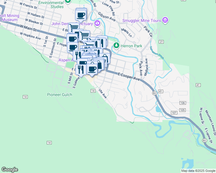 map of restaurants, bars, coffee shops, grocery stores, and more near 825 East Dean Street in Aspen