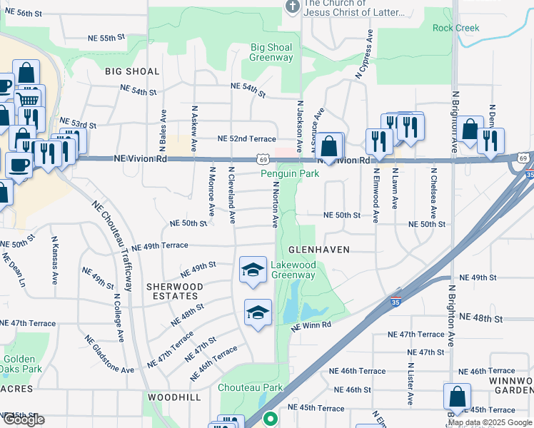map of restaurants, bars, coffee shops, grocery stores, and more near 3906 Northeast 50th Terrace in Kansas City