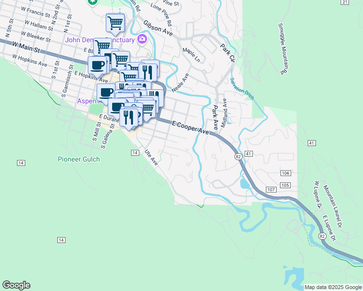 map of restaurants, bars, coffee shops, grocery stores, and more near 929 East Durant Avenue in Aspen