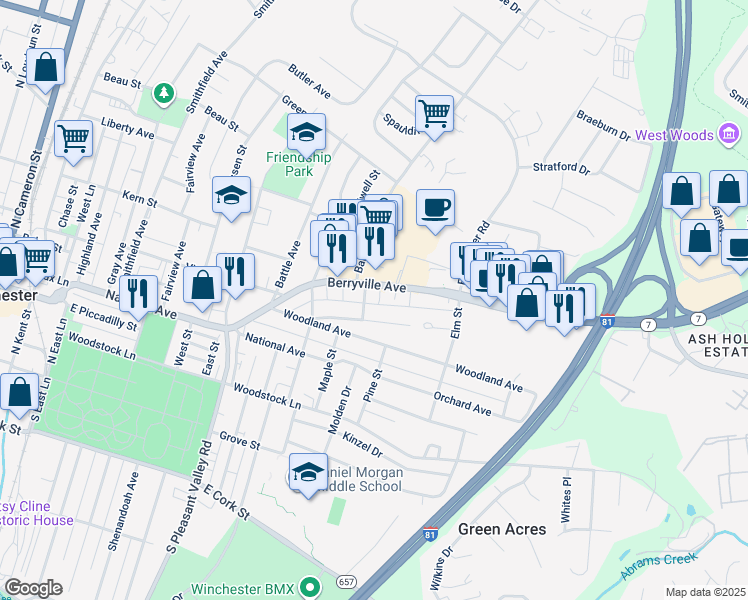 map of restaurants, bars, coffee shops, grocery stores, and more near 828 Frederick Avenue in Winchester