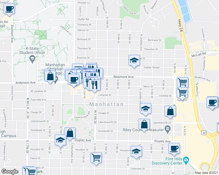 map of restaurants, bars, coffee shops, grocery stores, and more near 931 Moro Street in Manhattan