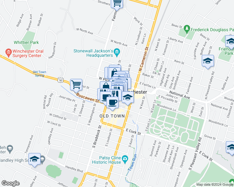 map of restaurants, bars, coffee shops, grocery stores, and more near 137 1/2 North Indian Alley in Winchester