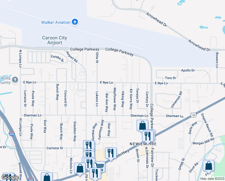 map of restaurants, bars, coffee shops, grocery stores, and more near 3371 East Nye Lane in Carson City