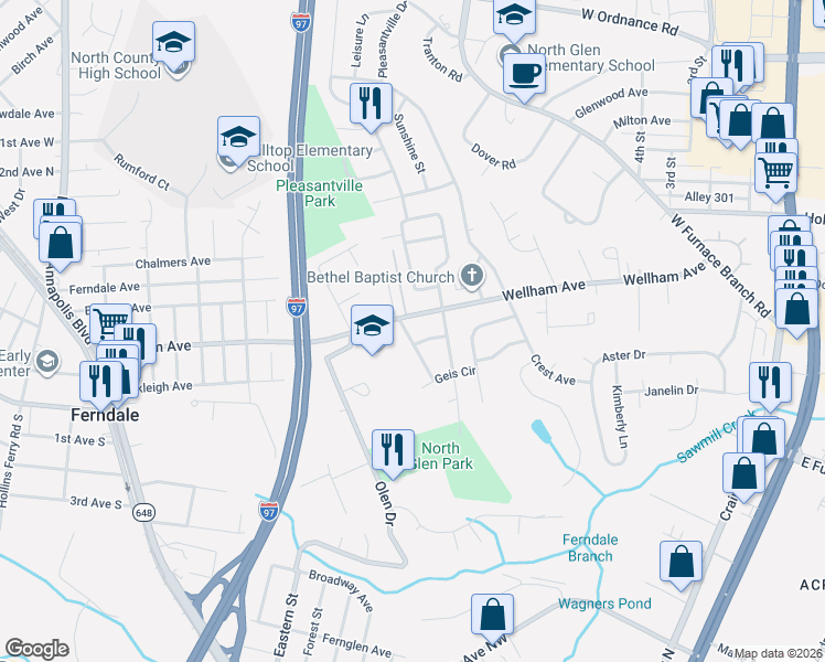 map of restaurants, bars, coffee shops, grocery stores, and more near 1411 Scanlan Drive in Glen Burnie