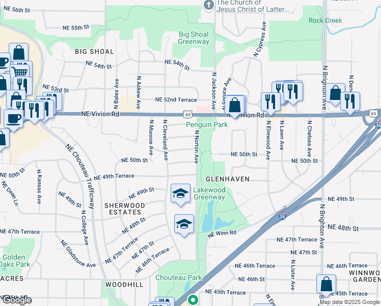map of restaurants, bars, coffee shops, grocery stores, and more near 3906 Northeast 50th Terrace in Kansas City