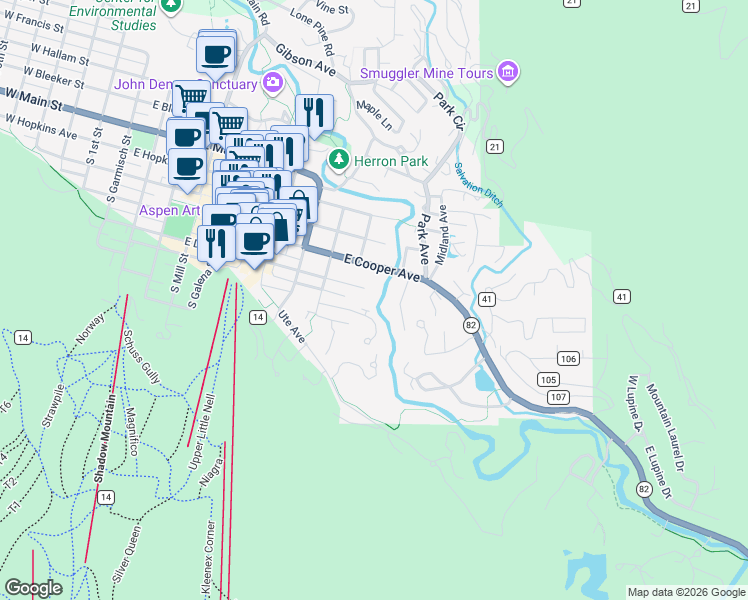 map of restaurants, bars, coffee shops, grocery stores, and more near 1039 East Cooper Avenue in Aspen