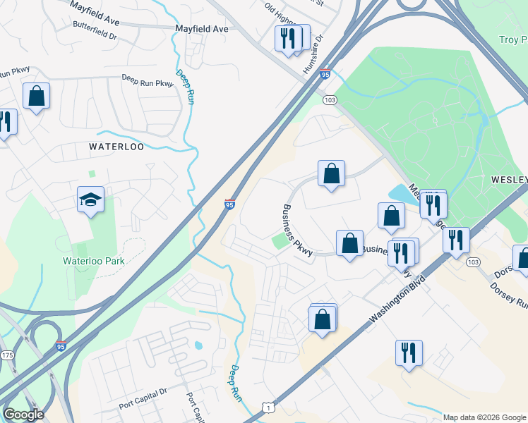 map of restaurants, bars, coffee shops, grocery stores, and more near 6670 Business Pkwy in Elkridge
